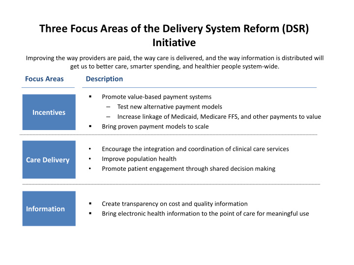 three focus areas of the delivery system reform dsr