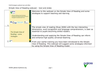 Simple View of Reading webcast  text and slides  Welcome to this webcast on the Simple View of