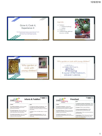 10/9/2018  Agenda:  Grow it, Cook it,    The Basics    Container Gardening  Experience it