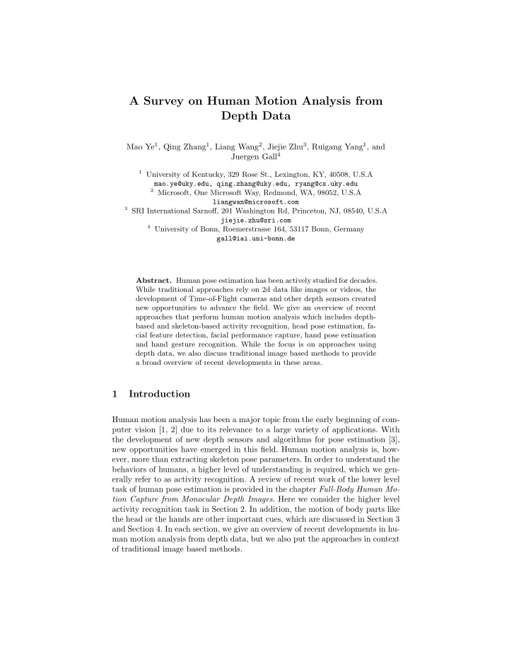 a survey on human motion analysis from depth data