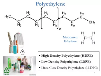 Polyethylene  Monomer:  Ethylene  High Density Polyethylene (HDPE)  Low Density Polyethylene