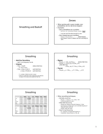Zeroes   When working with n-gram models, zero  probabilities can be real show-stoppers