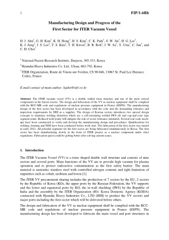 1  FIP/1-6Rb  Manufacturing Design and Progress of the  First Sector for ITER Vacuum Vessel H. J.