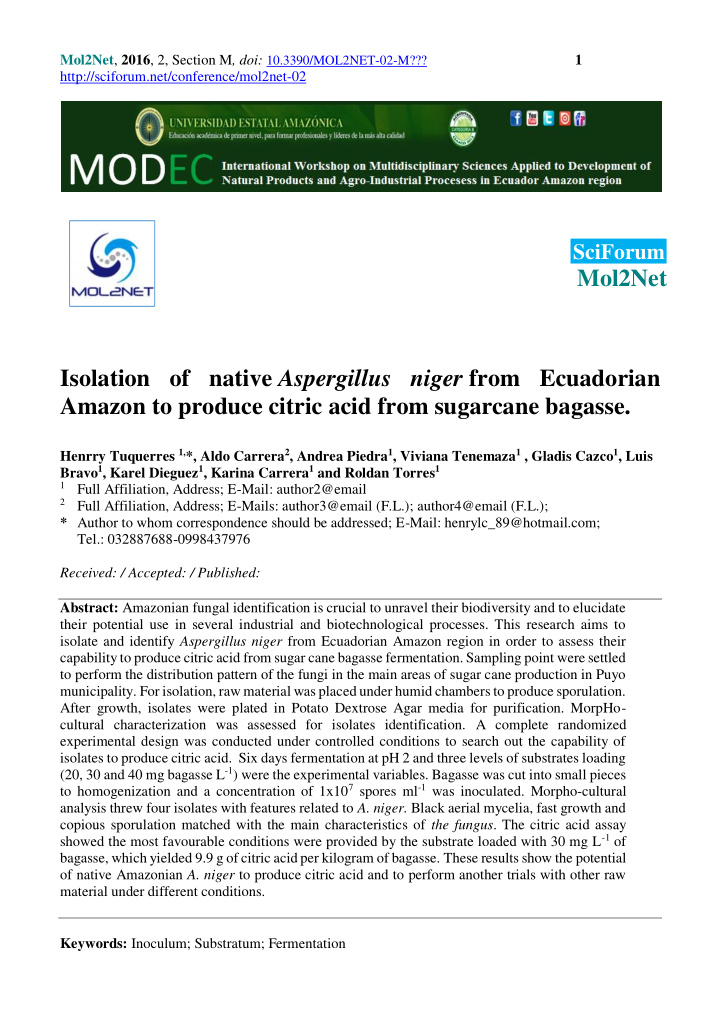 sciforum mol2net isolation of native aspergillus niger