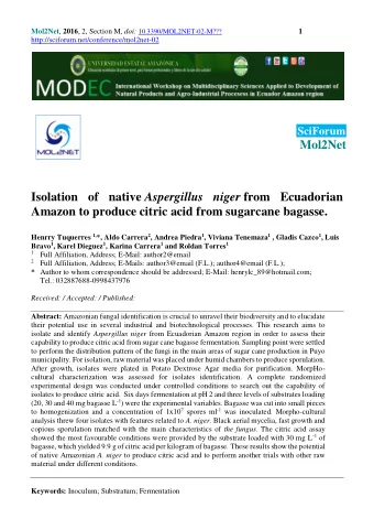 SciForum  Mol2Net Isolation of native Aspergillus niger from Ecuadorian  Amazon to produce citric