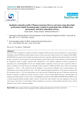 Mol2Net-04  Qualitative phenolic profile of Rumex tunetanus flowers and stems using ultra-high-
