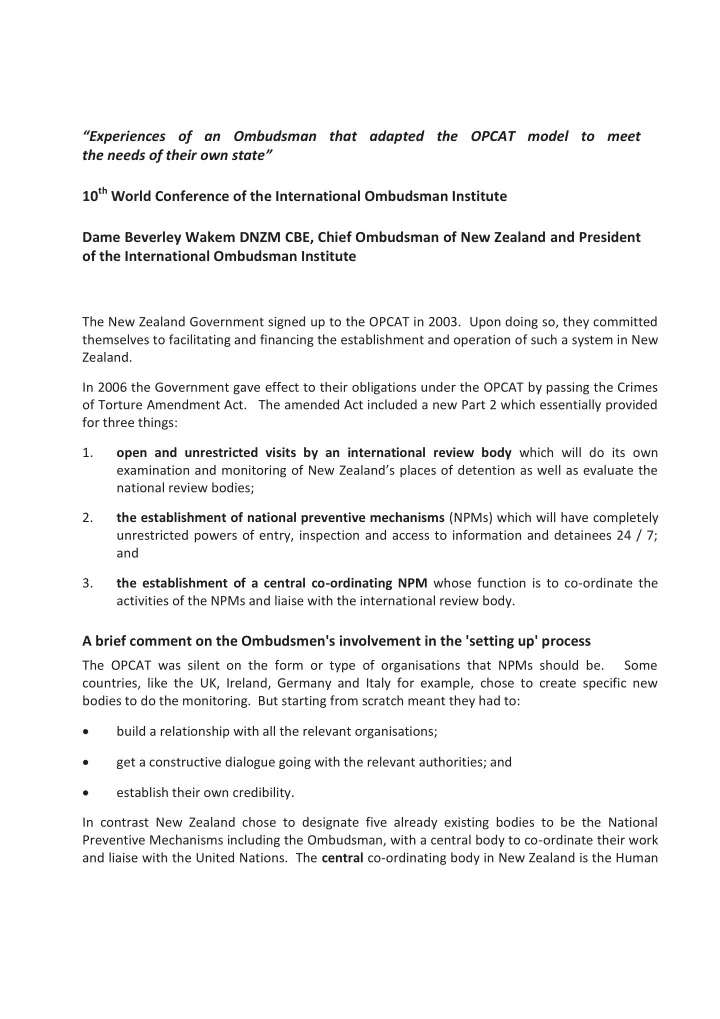 experiences of an ombudsman that adapted the opcat model