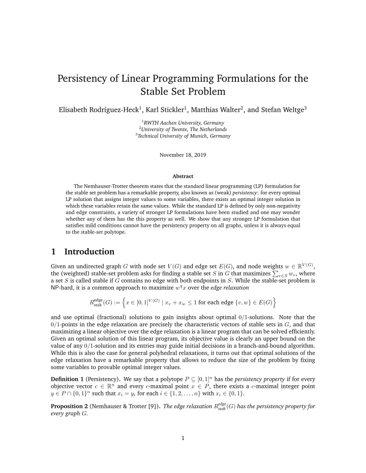 persistency of linear programming formulations for the