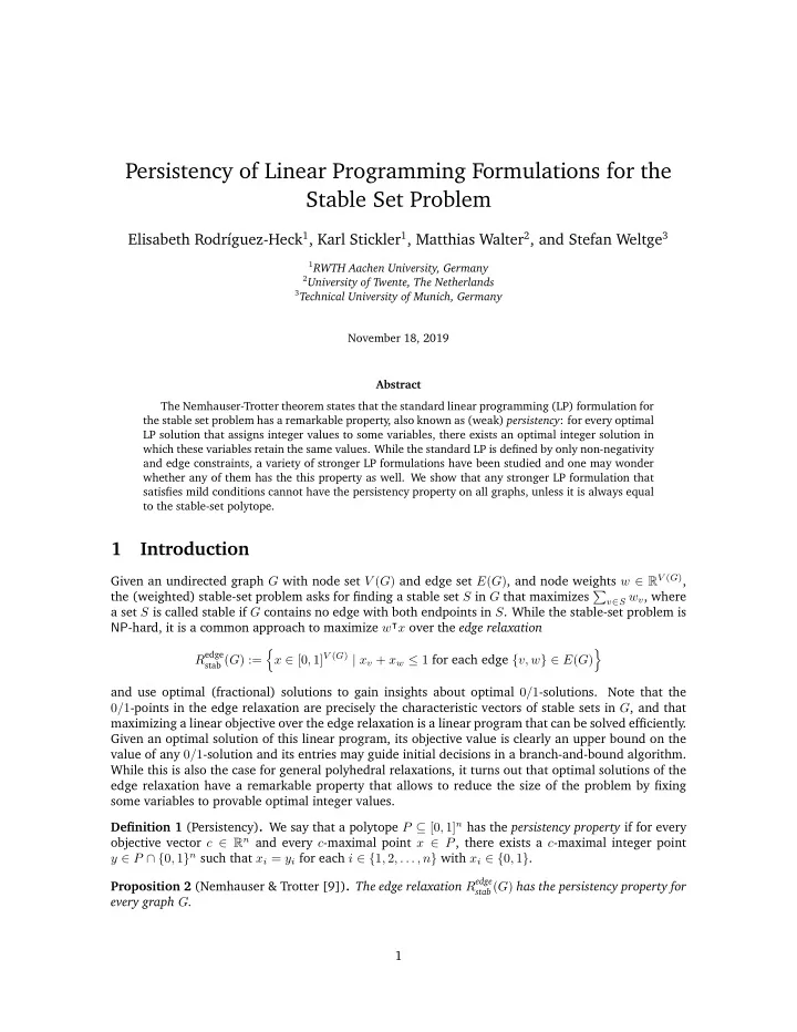 persistency of linear programming formulations for the