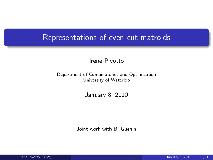 representations of even cut matroids