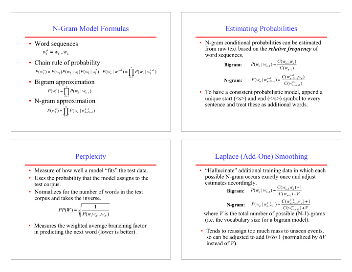 n gram model formulas estimating probabilities