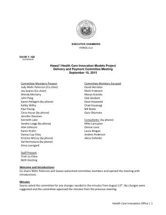 Hawaii Health Care Innovation Models Project  Delivery and Payment Committee Meeting  September