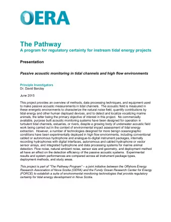 The Pathway  A program for regulatory certainty for instream tidal energy projects  Presentation