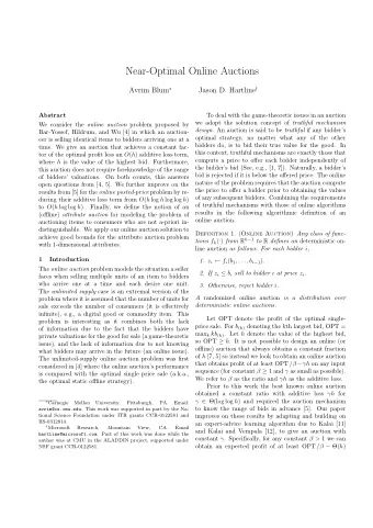 Near-Optimal Online Auctions Avrim Blum  Jason D. Hartline   Abstract  To deal with the