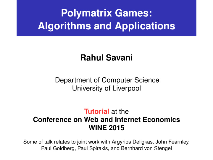 polymatrix games algorithms and applications