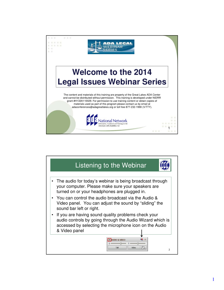 welcome to the 2014 legal issues webinar series