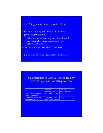 Categorization of Genetic Tests   Clinical validity accuracy of the test to  predict an