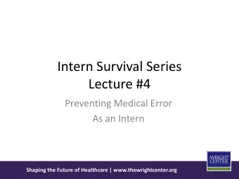 Intern Survival Series  Lecture #4  Preventing Medical Error  As an Intern  Shaping the Future of