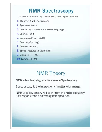 NMR Spectroscopy  Dr. Joshua Osbourn  Dept. of Chemistry, West Virginia University 1. Theory of