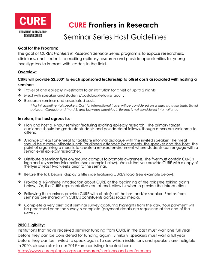 cure frontiers in research seminar series host guidelines