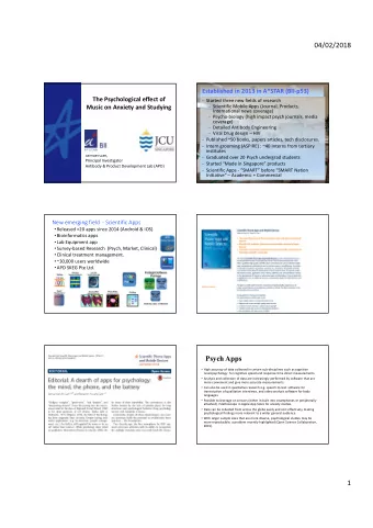 04/02/2018  Established in 2013 in A*STAR (BII-p53)  The Psychological effect of  - Started three