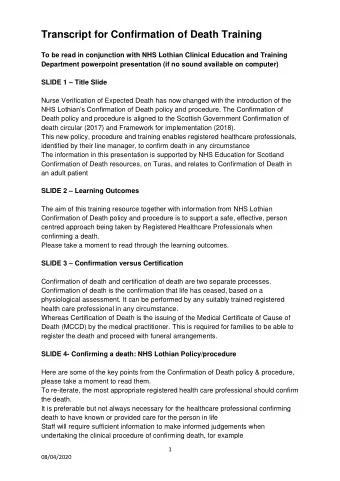 Transcript for Confirmation of Death Training  To be read in conjunction with NHS Lothian Clinical