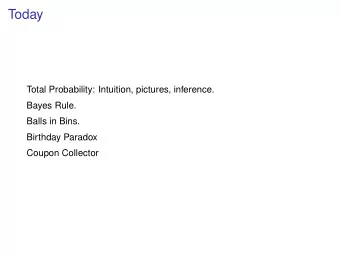 Today  Total Probability: Intuition, pictures, inference.  Bayes Rule.  Balls in Bins.  Birthday