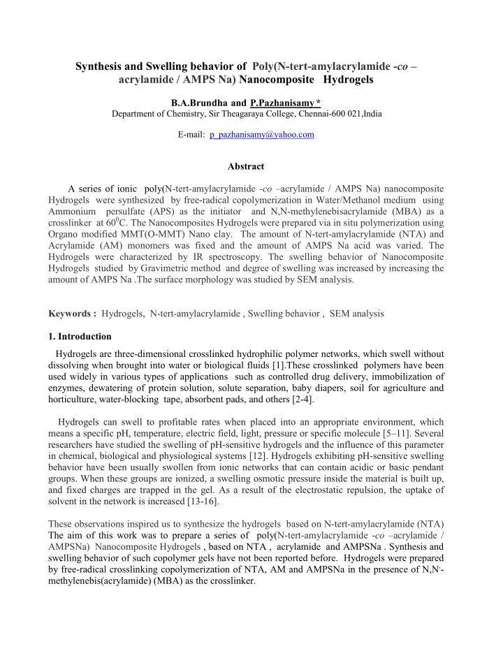 synthesis and swelling behavior of poly n tert
