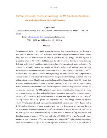 - 1 -  ein The Origin of Generalised Mass-Energy Equation  E = Ac 2  M; its mathematical