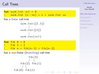 Call Trees  (Tail) Recursion  Amtoft  from Hatcliff  s u m l i s t  n i l = 0  fun  Run-Time