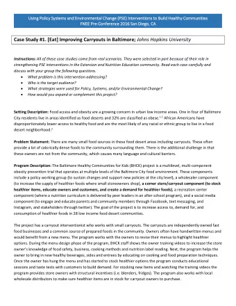 Case Study #1. [Eat] Improving Carryouts in Baltimore; Johns Hopkins University Instructions: All