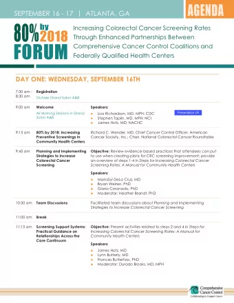 SEPTEMBER 16 - 17  |  ATLANTA, GA  Increasing Colorectal Cancer Screening Rates  Through Enhanced