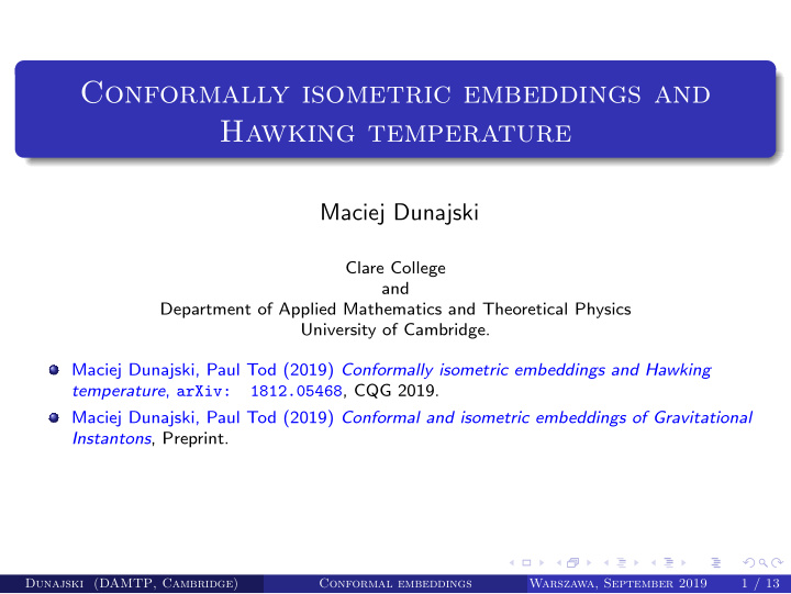 conformally isometric embeddings and hawking temperature