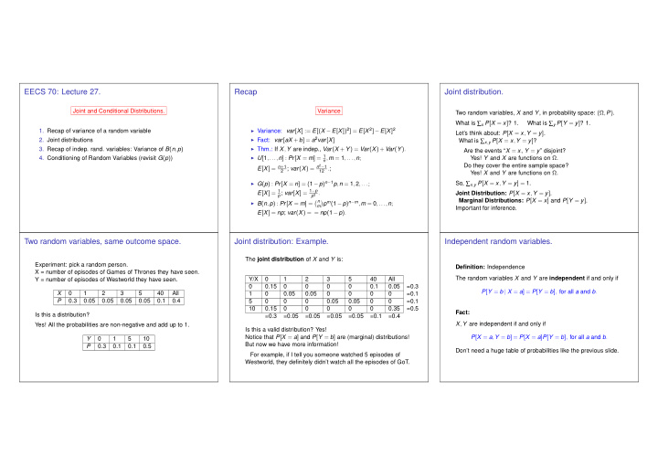 eecs 70 lecture 27 recap joint distribution