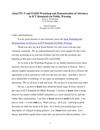 Joint ITU-T and OASIS Workshop and Demonstration of Advances  in ICT Standards for Public Warning