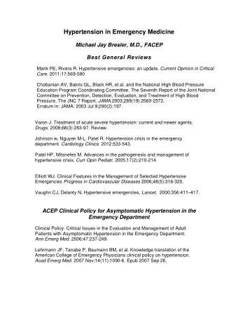 Best General Reviews Marik PE, Rivera R. Hypertensive emergencies: an update. Current Opinion in