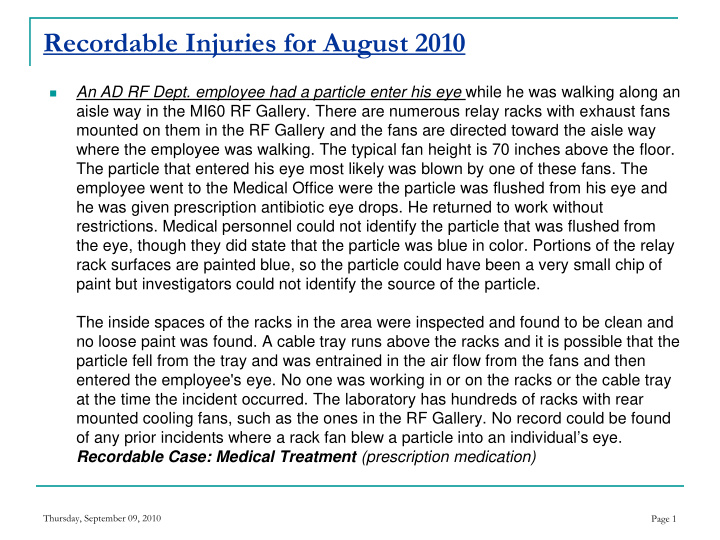 recordable injuries for august 2010