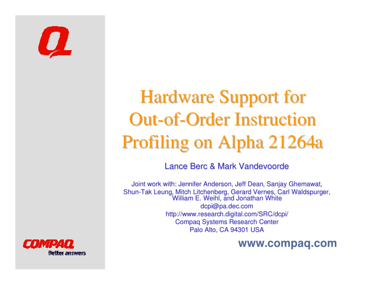 hardware support for hardware support for out of order