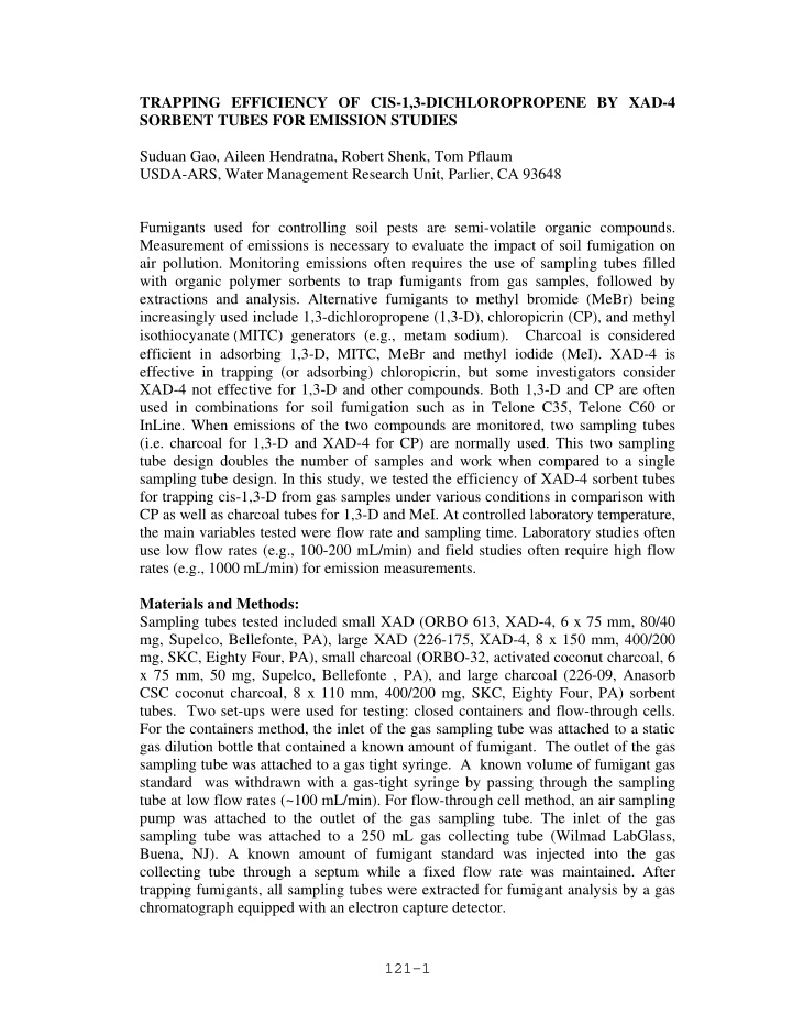 trapping efficiency of cis 1 3 dichloropropene by xad 4