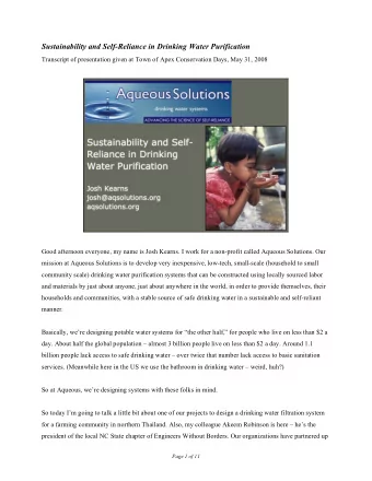 Sustainability and Self-Reliance in Drinking Water Purification  Transcript of presentation given