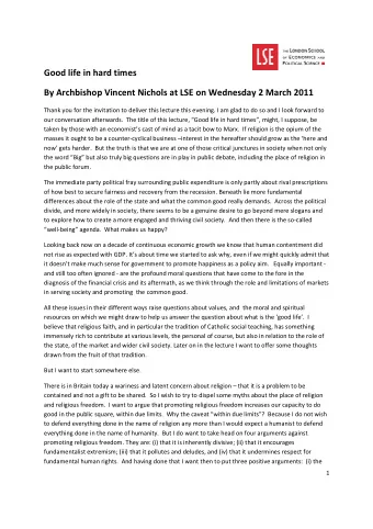 Good life in hard times  By Archbishop Vincent Nichols at LSE on Wednesday 2 March 2011  Thank you