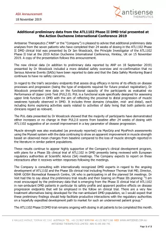 Additional preliminary data from the ATL1102 Phase II DMD trial presented at  the Action Duchenne