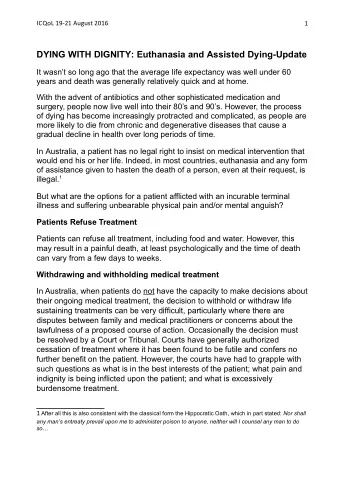 DYING WITH DIGNITY: Euthanasia and Assisted Dying-Update  It wasnt so long ago that the average