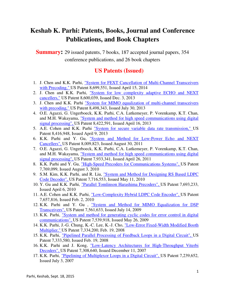 keshab k parhi patents books journal and conference