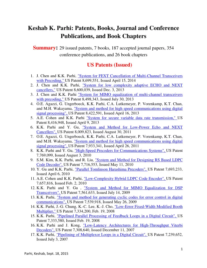 keshab k parhi patents books journal and conference