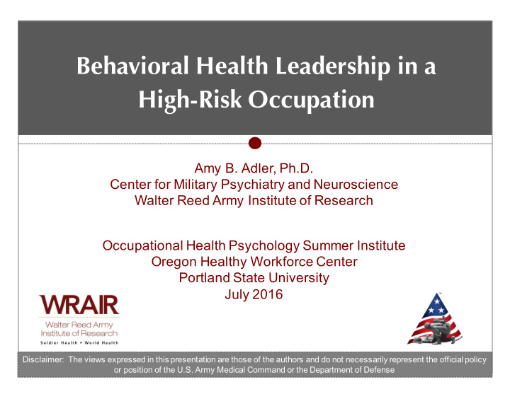 behavioral health leadership in a high risk occupation