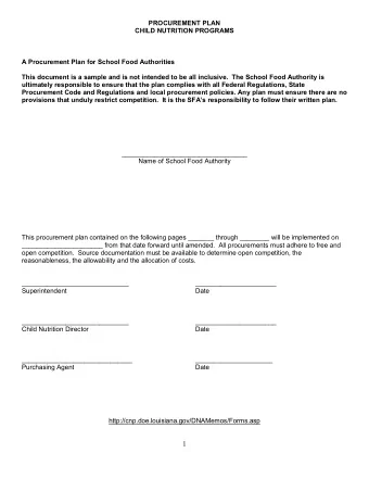 A Procurement Plan for School Food Authorities  This document is a sample and is not intended to be