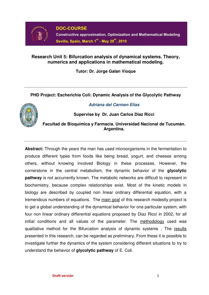 research unit 5 bifurcation analysis of dynamical systems