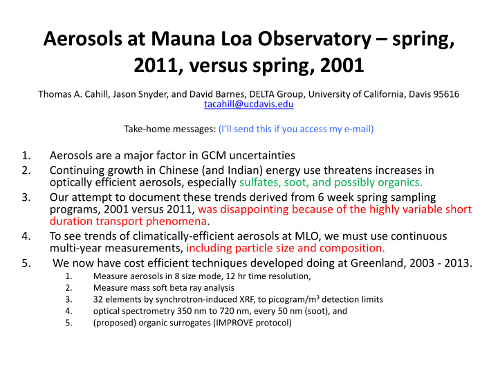 aerosols at mauna loa observatory spring 2011 versus