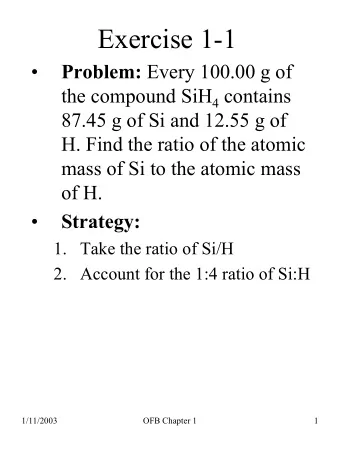 Exercise 1-1   Problem: Every 100.00 g of the compound SiH 4 contains  87.45 g of Si and 12.55 g